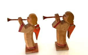 De colección Erzgebirge EMIL HELBIG 2 Ángeles Tallados con Cuernos Trompetas Alemania Madera - Imagen 1 de 11