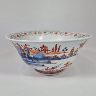 Antiguo Cuenco Chino Siglo XVIII Azul Rojo Verde Decoración Paisaje Pintado Ciervo 19cm Foto 1 de 4