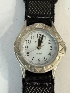 Vintage Timex Watch Women Silver 27mm Case Black Nylon Band- New Battery - Picture 1 of 4