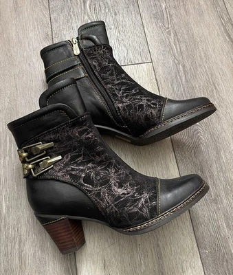 L’Artiste Spring Step LOCKSTO Black Metallic Leather Ankle Boots EU38 Fits US 7 - Image 1 of 4