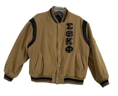 Antigo Casaco de Lã Ecko Masculino Extra Grande Anos 90 Y2K Patch Sleeve Logotipo Couro Bronzeado Hip Hop - Imagem 1 de 4