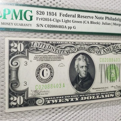 1934 $20 Federal Reserve Note LGS Light Lime Green Seal PMG Choice UNC 64 - Image 1 of 4