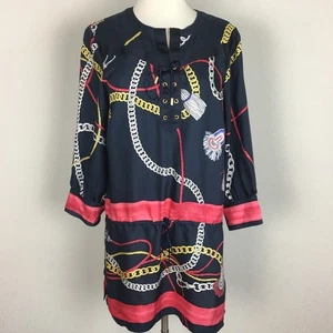 Worth Navy Chain Printed Silk Tunic Lace Up Front Med - Picture 1 of 6