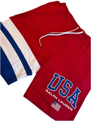 Bermuda de moletom masculina GRANDE rara vermelha branca e azul Ralph Lauren polo olímpica EUA! - Imagem 1 de 4