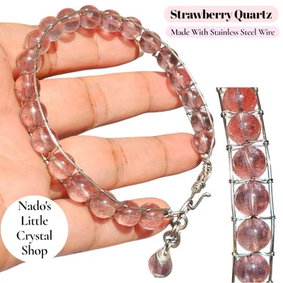 Cuarzo Fresa 8mm Hecho con Pulsera de Alambre de Acero Inoxidable  Foto 1 de 4