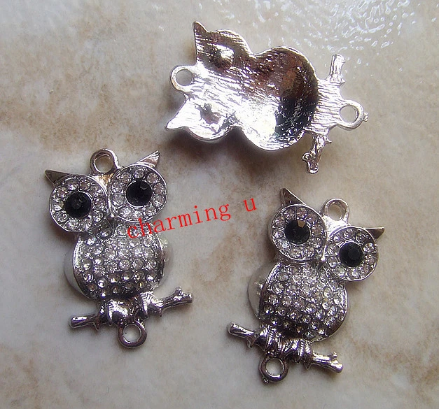 1pz charms ciondolo connettore Gufo con strass colore argento scuro 34x20mm - Immagine 1 di 1