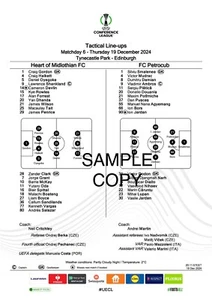 Hearts v FC Petrocub Conference League EUFA Official Team sheet 19.12.24 - Picture 1 of 1
