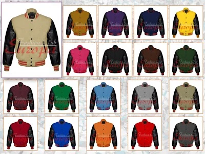 Chaqueta de lana de béisbol universitaria Letterman con mangas de cuero negro real  Foto 1 de 4