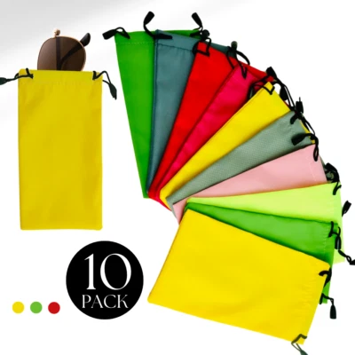 10-Pack Multicolor Drawstring Sunglasses Pouch – Flat Stiff Cloth Storage Bags - Imagem 1 de 4