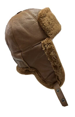 Real Sheepskin Hat Shearing Leather Bomber Trapper Hunting Wool Lining Very Warm - Image 1 of 4