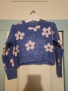 Girls Youth Sweater ART CLASS V Storm Blue Woodrose Daisy Long Sleeve Fuzzy 6x - Picture 1 of 2