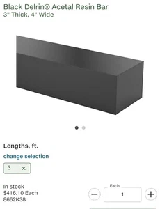 Delrin Rectangular Bar Black 3" X 4" X 36" - Picture 1 of 4