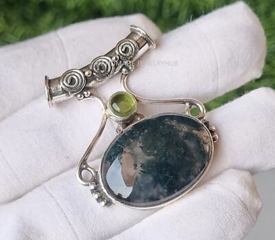 Colgante de regalo hecho a mano de plata de ley 925 con piedras preciosas de ágata y peridoto de musgo PG2588 Foto 1 de 3