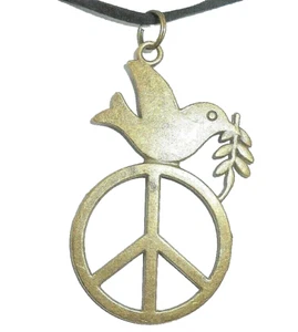 New Lovely PEACE Sign with Dove Bronze-tone Pendant 18" - 20" Black Necklace - Picture 1 of 3