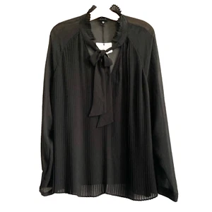 Who What Wear Blouse Size XXL NEW Black Sheer Bow Pleated - Picture 1 of 7