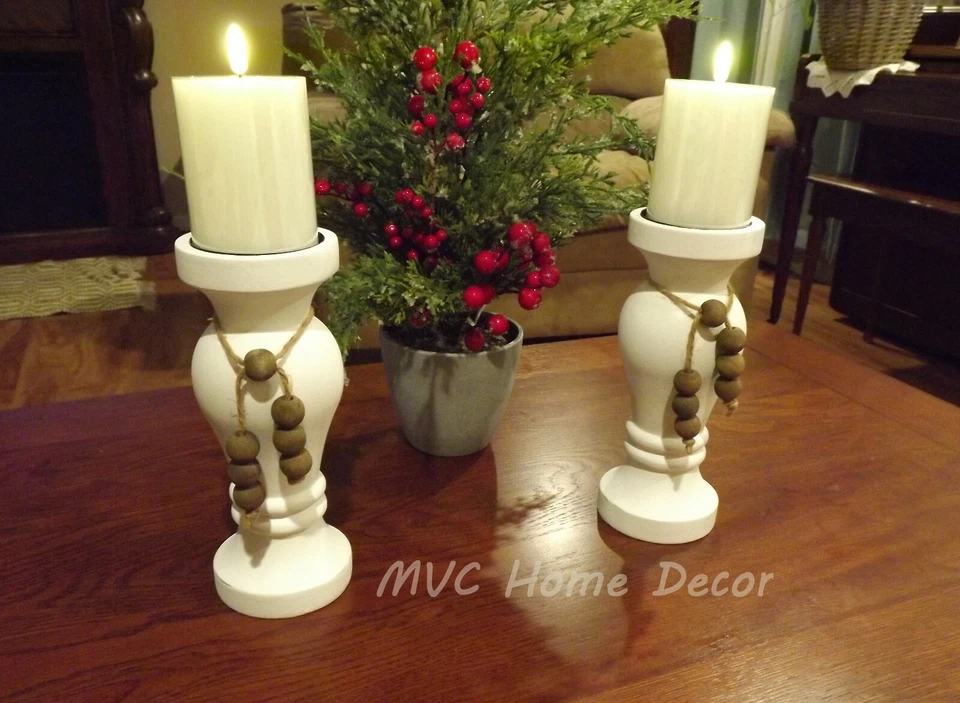 Pair of 9.75" Wood Candle Holders White Candlesticks with Beads  for 3" Candle - Image 1 of 1
