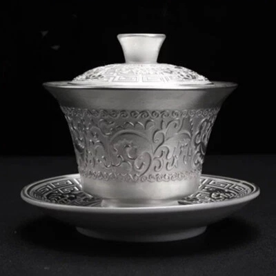 Tazón de taza de puré medio de porcelana artesanal tradicional Gaiwan de plata de ley Foto 1 de 4