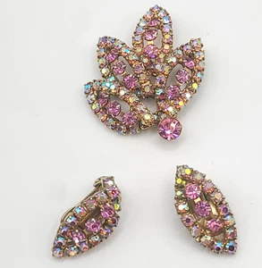 Vintage Rhinestone Brooch Earrings Set Pink AB - Picture 1 of 9