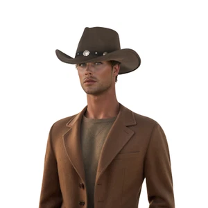 100% Pure Wool, Wide Brim Cowboy Hat with Leather Hatband & Silver Conchos - Picture 1 of 17