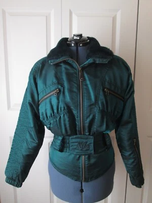 Abrigo Chaqueta Esquí Vintage Años 80 NILS Verde Iridiscente Cinturón Piel Sintética Cuello Talla 8 Foto 1 de 4