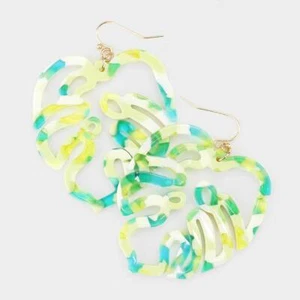 NEW Tropical Plant Monstera Leaf Mixed Greens Acetate Celluloid Dangle Earrings - Picture 1 of 1