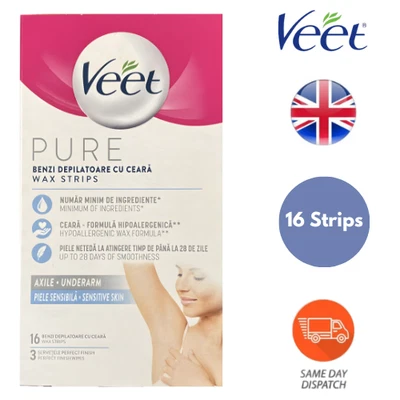 Veet Pure Wax Strips Underarm Sensitive Skin 3x Finish Wipes 16 Stripes