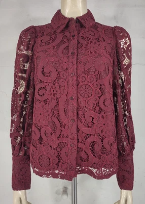 全新带标签 Nanette Lepore 勃艮第深红色蕾丝纽扣前衬衫衬衫女士小号 — 第 1/4 张图片