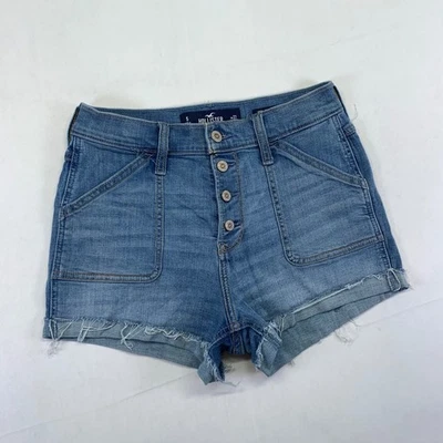 Pantalones Cortos Hollister Tiro Alto Para Mujer Talla 5 W27 Botón Mosca Elastizado Denim Foto 1 de 4