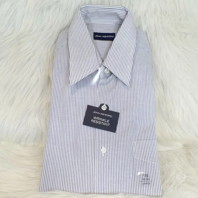 Camisa de vestir John Ashford azul a rayas algodón poliéster manga larga talla 16 32/33 Foto 1 de 4