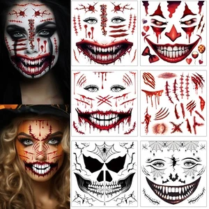 Halloween Gesicht Tattoos 5+1 Blatt Narben Zombie Clown Teufel Hexe Make-Up - Bild 1 von 7