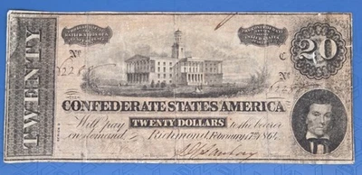 1864 $20 Twenty Dollar Note The Confederate States of America Richmond - Image 1 of 4