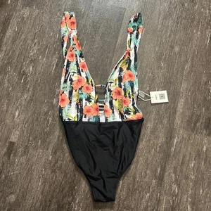 Cupshe Women's Black Floral Plunge One Piece Swimsuit L Tropical Beach - Picture 1 of 5