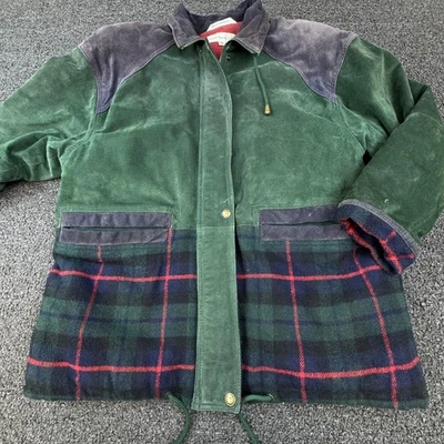 Jaqueta Paris Sport Club Feminina Pequena Verde Tartan Xadrez Acabamento Camurça Casaco de Campo - Imagem 1 de 4