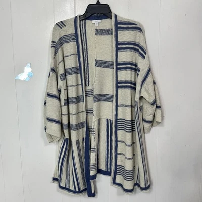 Suéter plumero envolvente J. Jill para mujer talla pequeña azul crema frente abierto manga larga Foto 1 de 4