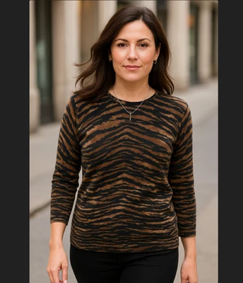 Talbots Pure Cashmere Sweater MEDIUM Audrey Tiger Stripe Animal Print 3/4 Sleeve - Image 1 of 4