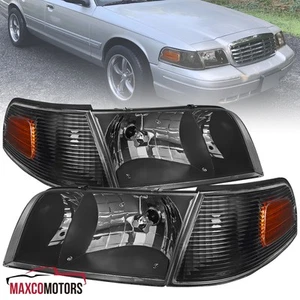 Black Headlights+Corner Signal Lamps Fits 1998-2011 Ford Crown Victoria Pair - Picture 1 of 7