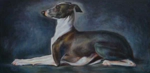 oil painting on canvas:profile view of brown white whippet dog looking straight - Picture 1 of 10