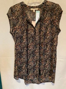 NWT Les Serein Women Soph Tassels Sheer Blouse Sz S Black Multi Colored Leaves - Picture 1 of 23