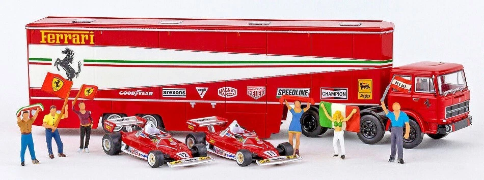 Brekina FIAT 691 T RENNTRANSPORT FERRARI W/2 FERRARI 312 T2 F1 + 6 FIGURES 1:87 - Immagine 1 di 1