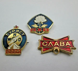 3 Foreign Lapel or Hat Pins 2 Russian TYPИCT WNO CCCP & CΛABA - 1 unknown SXB - Picture 1 of 4