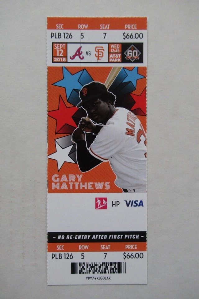 SAN FRANCISCO GIANTS VS ATLANTA BRAVES 9/12/2018 FULL TICKET ~ GARY MATTHEWS - Изображение 1 из 1