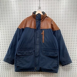 VTG Eddie Bauer Leather Down Puffer Jacket Mens M Blue Brown Hooded 24x31 - Picture 1 of 19