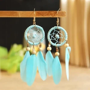 Teal Bohemian Earrings Dream Catcher Feather Earrings - Boho Long Tassel Stylish - Picture 1 of 1