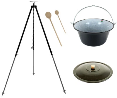 GRILLPLANET Ungarischer Gulaschkessel 22 Liter emailliert Deckel Dreibein Gestell 1,80 m Set