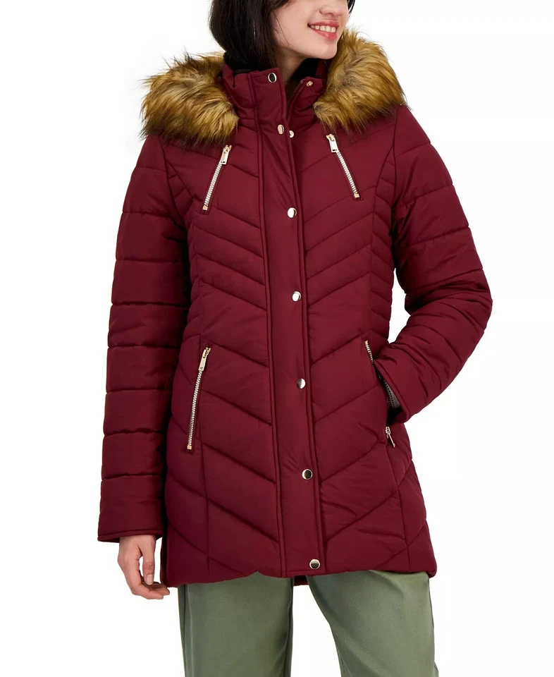 Maralyn & Me WINE Women's Juniors' Faux-Fur Hooded Puffer Coat , M Foto 1 de 1