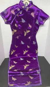 VINTAGE Golden Dragon Satin Dress China Size Small Oriental Purple Butterflies - Picture 1 of 5