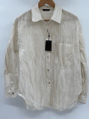 Massimo Dutti Button Down Shirt Women Medium Beige White Creased Effect New - Image 1 of 4