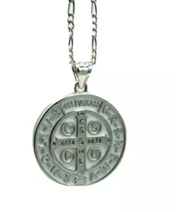 Catholic Saint St Benedict Medal Necklace Pendant Stainless Steel Cross Exorcism - Picture 1 of 8