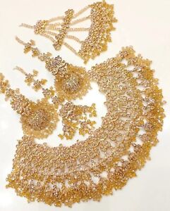 Zircon Manjus Gold Plated Complete Bridal Set / Indian Pakistani Bridal Jewelry