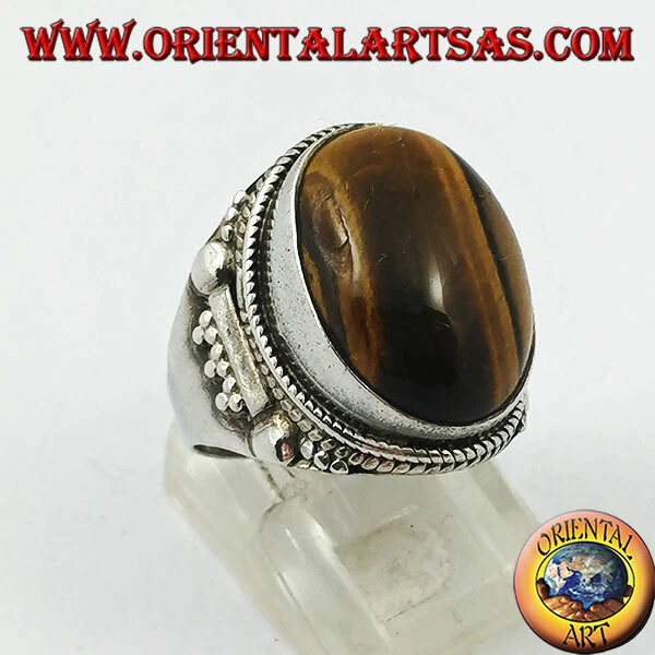 Anello in argento 925 ‰ occhio di tigre ovale a cabochon e decorazioni indiane - Immagine 1 di 1